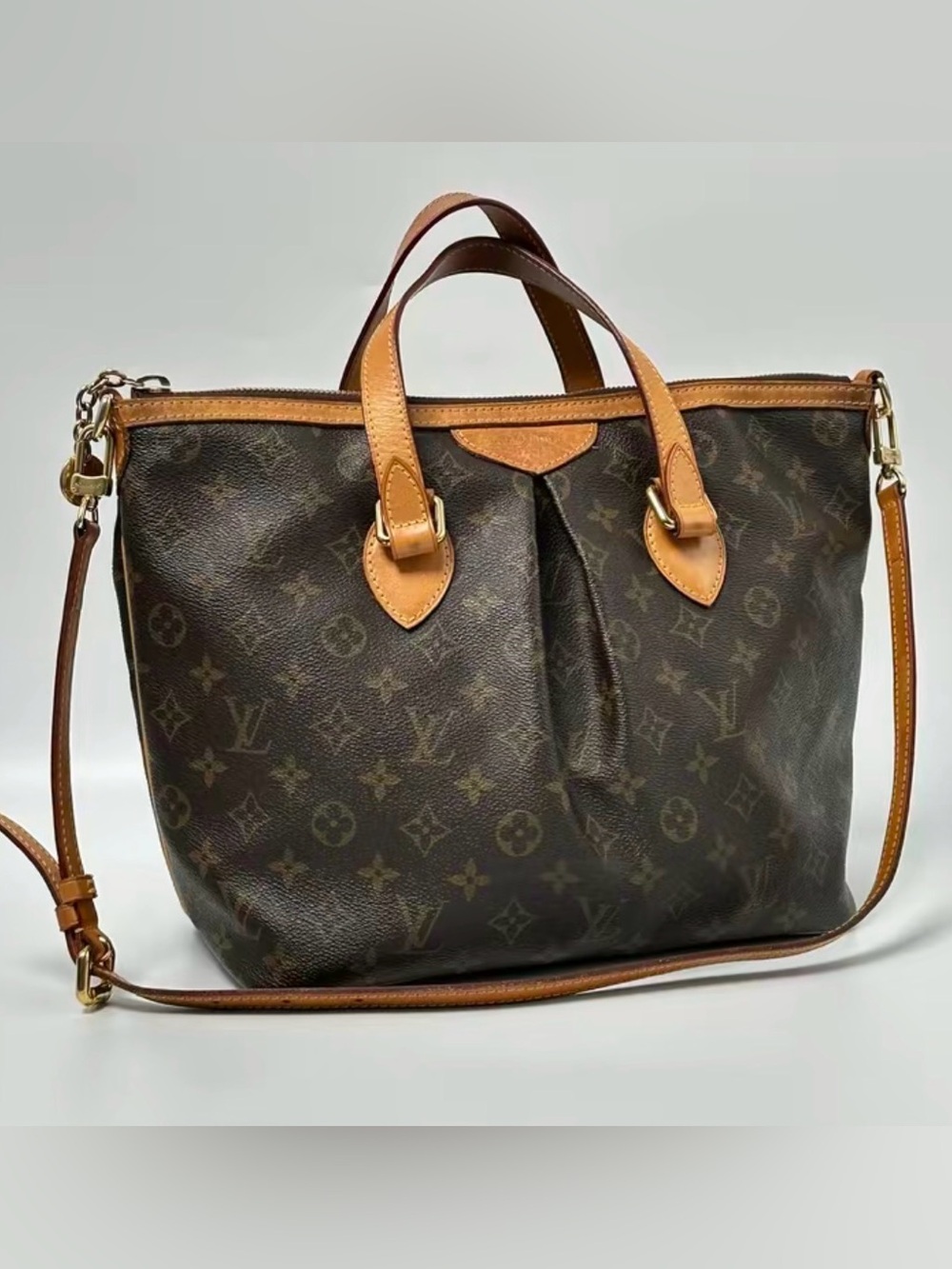 Louis Vuitton Palermo PM Monogram Canvas Tote with Tan Leather Trim Crossbody